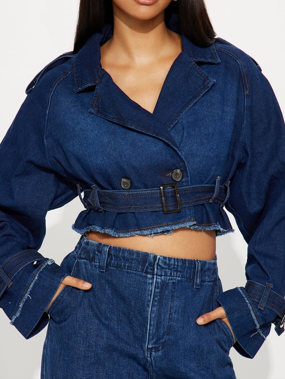 Cropped Denim Trench Jacket - Deep Indigo